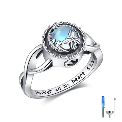 Sterling Silver Round Shaped Moonstone Butterfly Urn Ring with Engraved Word