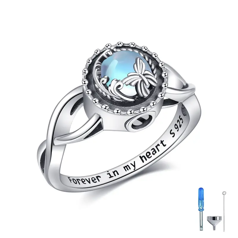 Sterling Silver Round Shaped Moonstone Butterfly Urn Ring with Engraved Word