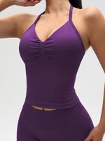 Women's Solid Color Ruched Halter Neck Sports Singlet, Tight-fitting Casual Comfortable Breathable Seamless Backless Sports T...