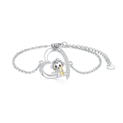 Sterling Silver Two-tone Circular Shaped Cubic Zirconia Monkey & Heart Charm Bracelet