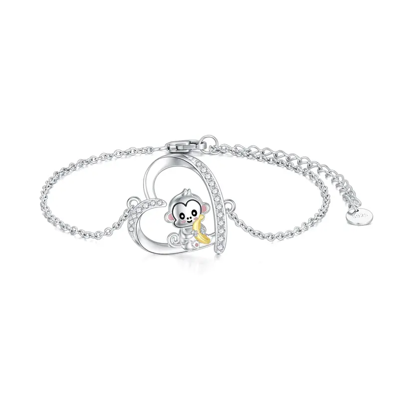 Sterling Silver Two-tone Circular Shaped Cubic Zirconia Monkey & Heart Charm Bracelet