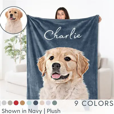 Custom Dog Cat Photo Name Pet Oil Painting Blanket - Aperturee