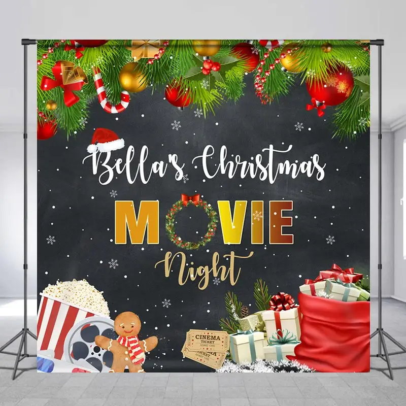 Custom Name Movie Night Leaves Christmas Backdrop - Aperturee