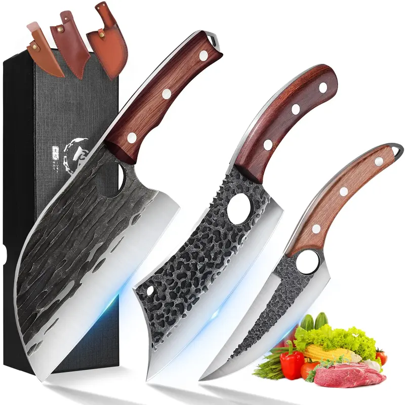 Purple Dragon Hand Forged 3PCS Kitchen KnivesSet - High Carbon Steel Blade with Wooden Handle BlackFriday Gift