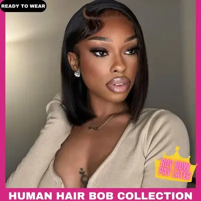Glueless Short Straight Bob Wigs 100% Brazilian Virgin Human Hair Pre Plucked Hairline Bleachde Konts Frontal Wigs 180% Densi...
