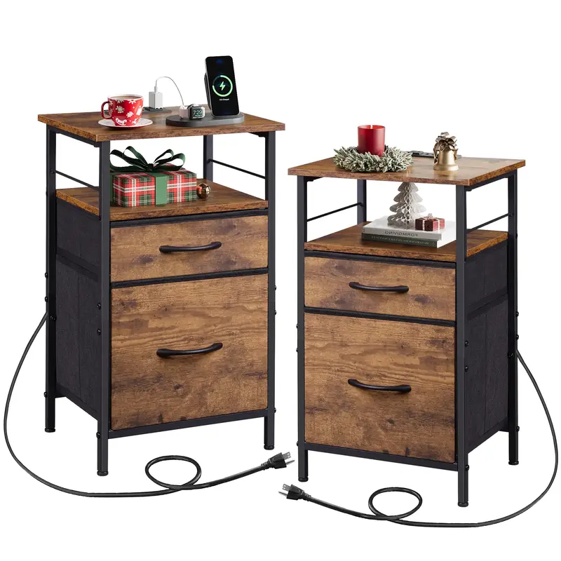 WLIVE Night Stand Set 2 with Charging Station, Bedside Tables for Bedroom, Living Room, Side Table with Fabric Drawers Storag...