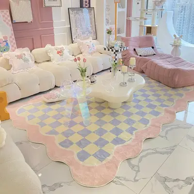 Irregular Shaped Cute Rug, 1 Count Wave and Grid Pattern Non-slip Soft Floor Mat, Decorative Carpet for Home Living Room Bedr...