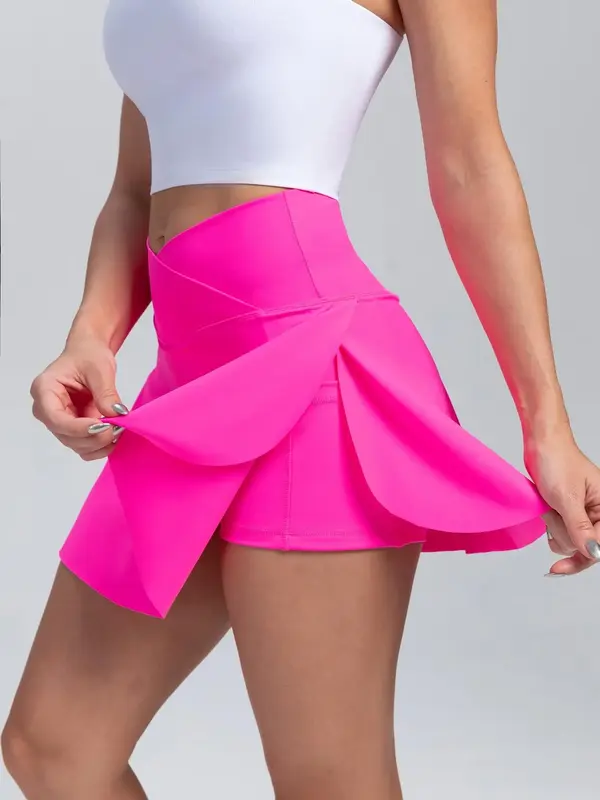 Women's 2 in 1 High Waist Sports Skort, Solid Pocket Design Overlap Waist Skort for Tennis Golf Workout, Fall Clothes Women, ...