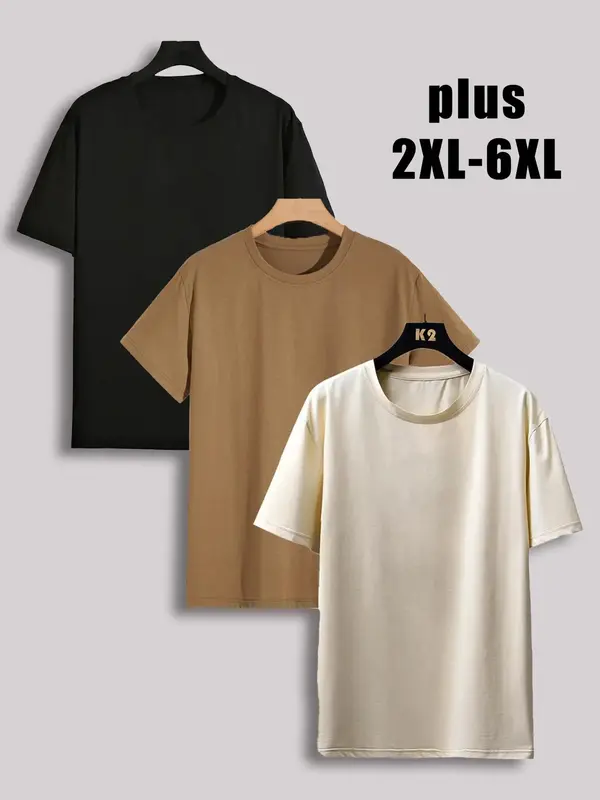 Men's Plus Size Solid Drop Shoulder Short Sleeve Tee, Casual Basic Round Neck T-shirt for Daily Wear, Men's Plus Size Clothes...