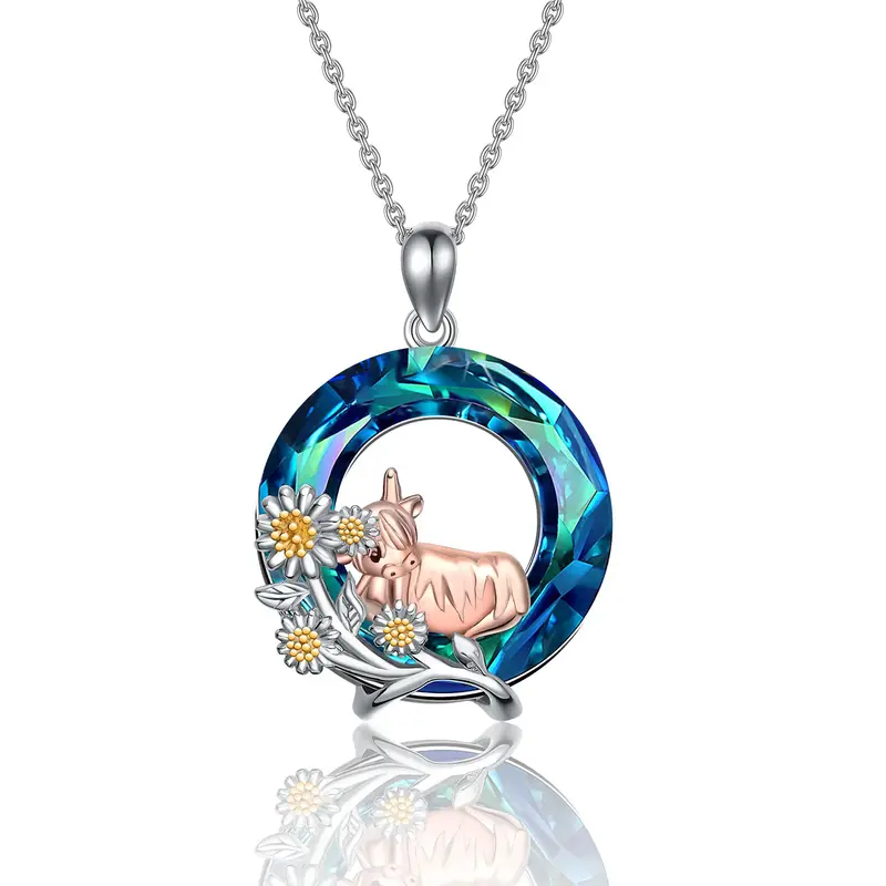 Sterling Silver Tri-tone Circular Shaped Highland Cow & Daisy Crystal Pendant Necklace