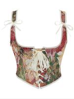 Women's Floral Print Tie Front Shapewear Top, Vintage Retro Fashionable Shapewear Top for Daily Wear, Tummy Control Shaper fo...