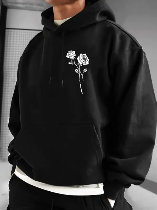 Unisex Men's Floral Print Drawstring Hoodie, Kangaroo Pocket Long Sleeve Sweatshirt, Streetwear, Fall Sweatshirts for Men, ...