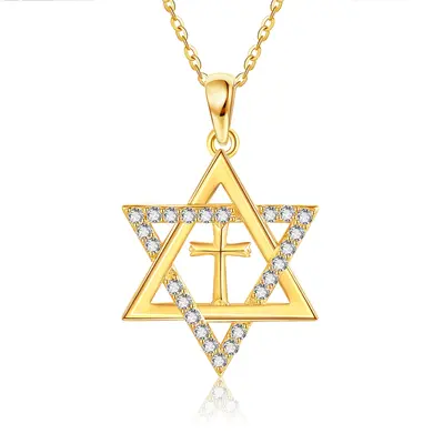 14K Gold Cubic Zirconia Cross & Star Of David Pendant Necklace