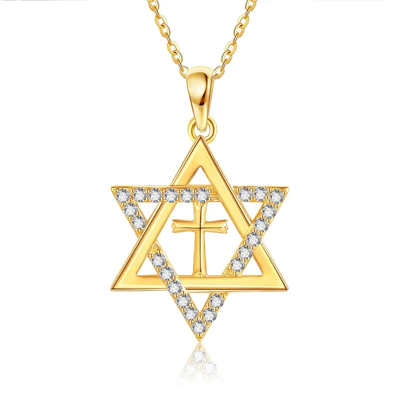 14K Gold Cubic Zirconia Cross & Star Of David Pendant Necklace