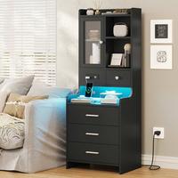 Sikaic LED Tall Nightstand With Charging Station Drawers Shelves Glass Door Storage Open Storage Unique Bedroom Furniture Mod...