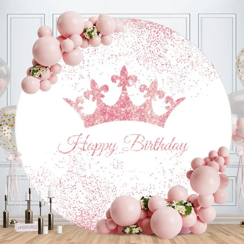 Aperturee Pink Crown Circle Happy Birthday Backdrop For Girl