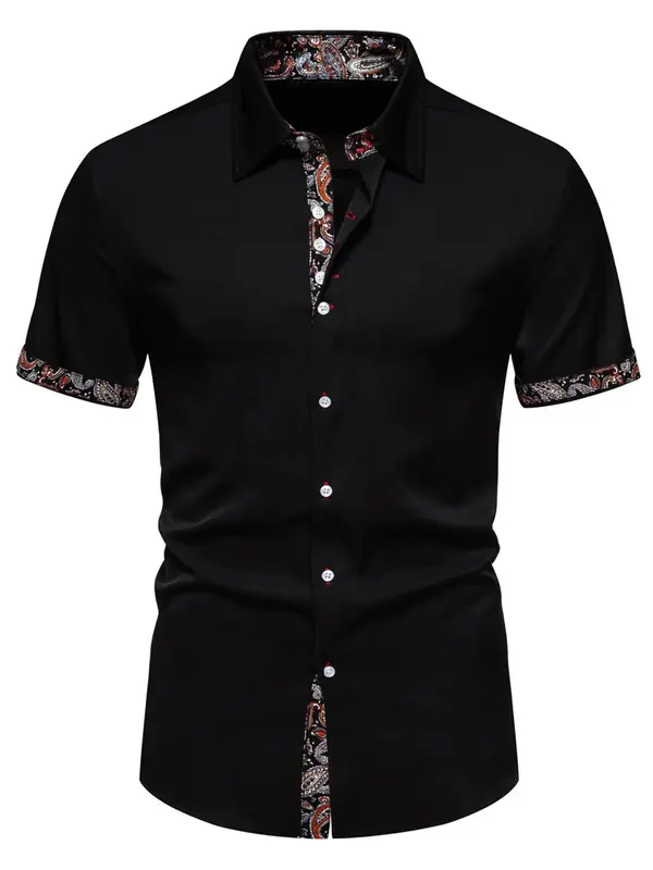 Men's Paisley Print Button Front Shirt, Casual Regular Fit Short Sleeve Collared Top for Summer, Men's Clothes for Work Busin...