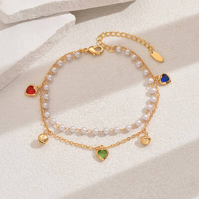 Fashionable Vintage Beach Style Adjustable Brass & Plastic Pearl Charm Double Strand Ladies Anklets