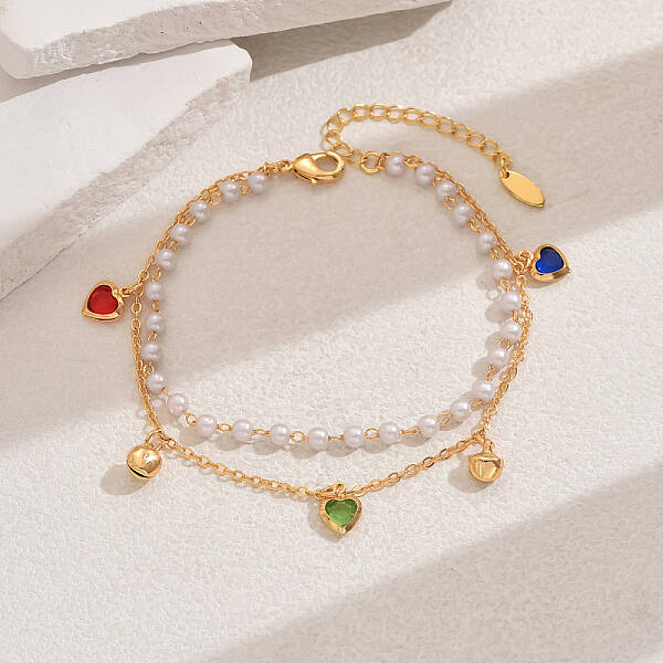 Fashionable Vintage Beach Style Adjustable Brass & Plastic Pearl Charm Double Strand Ladies Anklets