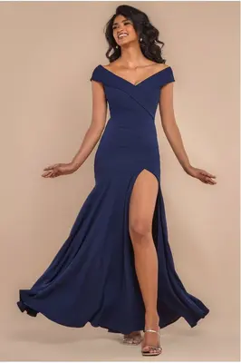 Goddiva Scuba Crepe Off Shoulder Front Split Maxi Dress - Navy Blue