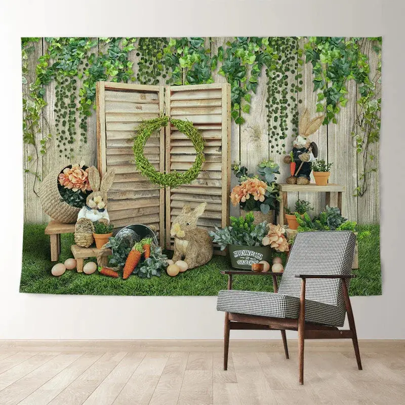 Aperturee Green Wooden Yard Rabbit Happy Easter Backdrop