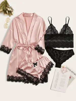 Women's Contrast Lace Pyjama Set, Comfy Cozy Bra & Panty & Belted Robe & Elastic Waist Shorts Pj Set for Daily Home Wear, Lou...