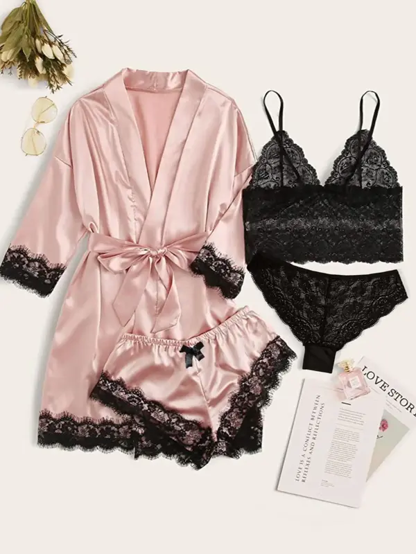 Women's Contrast Lace Pyjama Set, Comfy Cozy Bra & Panty & Belted Robe & Elastic Waist Shorts Pj Set for Daily Home Wear, Lou...