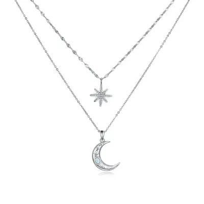 Sterling Silver Circular Shaped Opal Moon & Star Layered Necklace