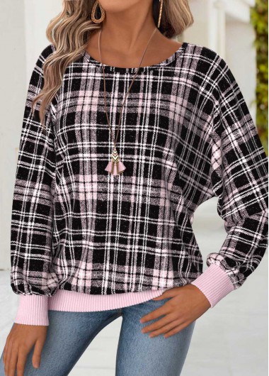 Modlily Light Pink Tummy Coverage Plaid Long Sleeve T Shirt - XXL