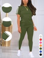 Women's Side Striped Tee & Pants Set, Casual Round Neck Short Sleeve T-shirt & Trousers, Ladies Summer Shortsleeve Clothes, W...