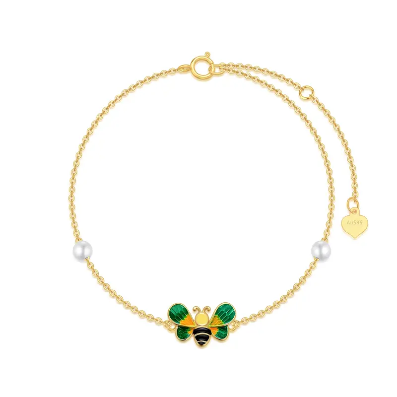 10K Gold Pearl Bee Single Layer Charm Anklet