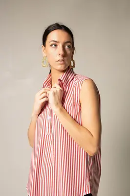 Italian Cotton Stripe Red Sleeveless Top | Size: L | Color: red-white