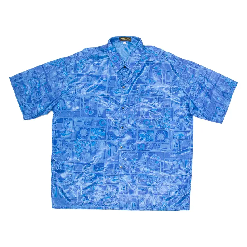 THAI Mens Shirt Blue Silk Crazy Pattern 3XL