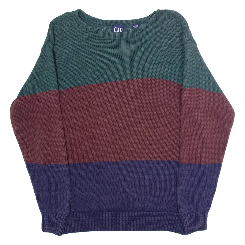 GAP Mens Patterned Jumper Brown Colourblock Crew Neck 90s Chunky Knit S