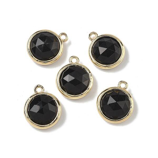 Brass Pave Natural Obsidian Faceted Flat Round Charms
