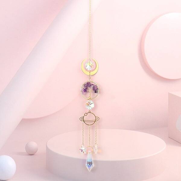 Wire Wrapped Natural Amethyst Ring with Tree of Life Pendant Decorations
