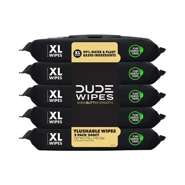 DUDE Wipes - Flushable Wipes - 5 Pack, 240 Wipes - Shea BUTTer Smooth Extra-Large Adult- Vitamin-E & Aloe - Septic and Sewer ...