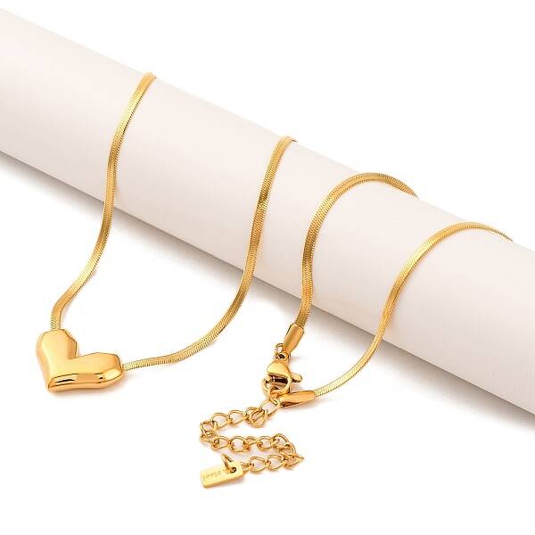 Ion Plating(IP) 304 Stainless Steel Heart Pendant Flat Snake Chain Necklaces for Women