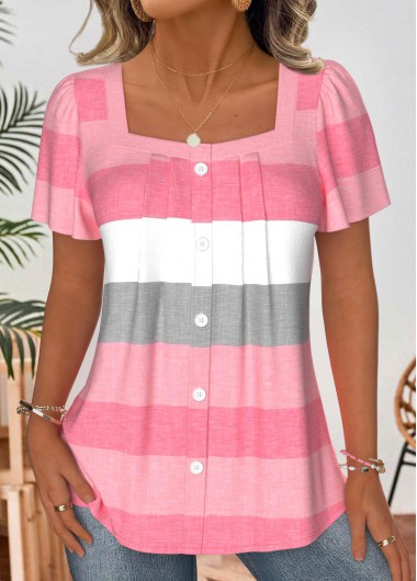 Modlily Light Pink Striped Short Sleeve Square Neck Blouse - XXL