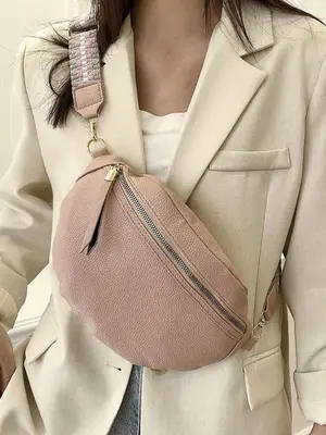 Women's Solid Color Lychee Texture Sling Pack With Geometric Chevron Pattern Adjustable Strap, Minimalist Zipper Outdoor Spor...