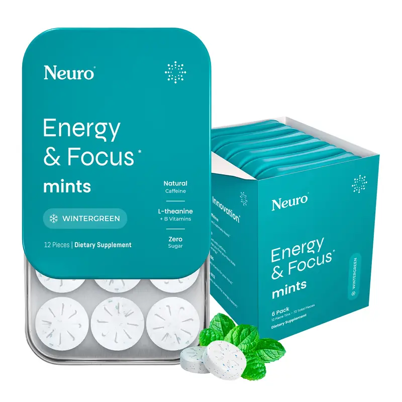 Neuro Energy Caffeine Mints (72 Pieces) - Sugar-Free Nootropic Mints for Energy & Focus with L-theanine, Natural Caffeine, Vi...