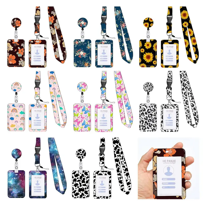 Cute Pattern Badge Holder Set, 1 Set Including 1 Count ID Card Holder & 1 Count Lanyard & 1 Count Badge Reel, Identification ...