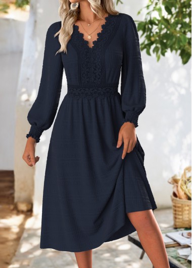 Modlily Navy Tummy Coverage Long Sleeve V Neck Dress - L