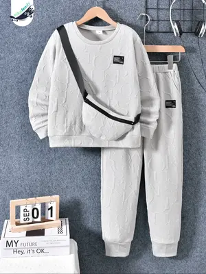 Boys' Fall Winter Casual Sporty Style Sweatshirt Set, Textured Letter Print Round Neck Long Sleeve Top + Pants + Bag, Colors