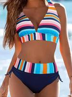 Two-Piece Set Women's Rainbow Stripe Print Halter Bikini Set, High Stretch Casual Tie Back Backless Swim Top & Drawstring Hig...
