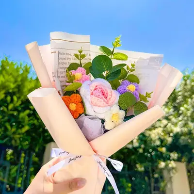 1 Count Artificial Hand Crochet Flowers Bouquet, Hand Woven Rose Flower Bouquet, Faux Knitted Sunflower Flower for Birthday A...