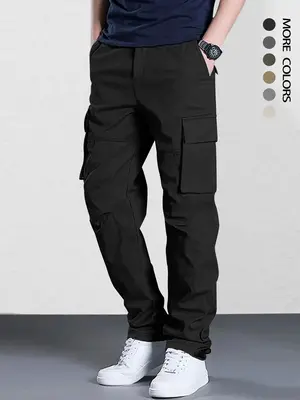 Men's Solid Flap Pocket Drawstring Waist Cargo Pants, Loose Casual Fashion Button Trousers for Daily Wear, Men's Cargo Work P...