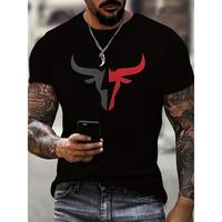 Cotton Short Sleeve  T-Shirt Men's Bull Graphic Print T-shirt, Casual Short Sleeve Crew Neck Tee, Men's Clothing For Summer O...