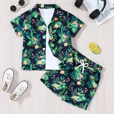 Boys Hawaiian Outfit 2Pcs Set Summer Beach Button-Down Shirt Top + Shorts for Kids 2-9 Years Printed Shirt And Shorts Casual ...