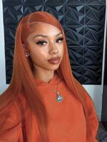 28 Inch Orange Color Long Straight Lace Front Wigs for Women, Gorgeous Fluffy Straight Frontal Wigs without Bangs, Synthetic ...